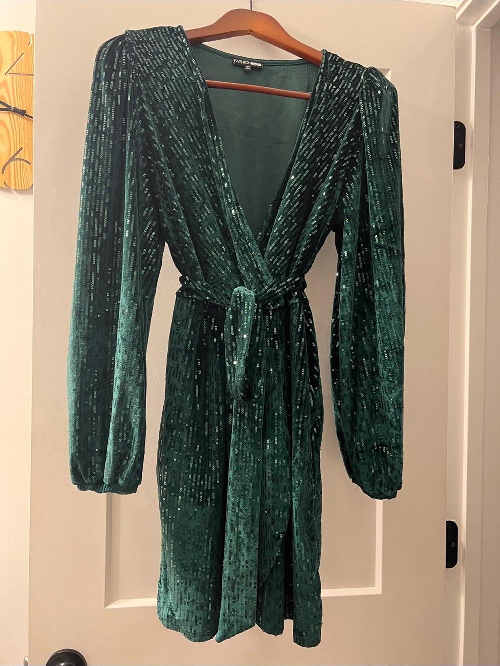 Fashion Nova Deep Emerald Velvet Wrap Mini Dress with Sequin Stripes